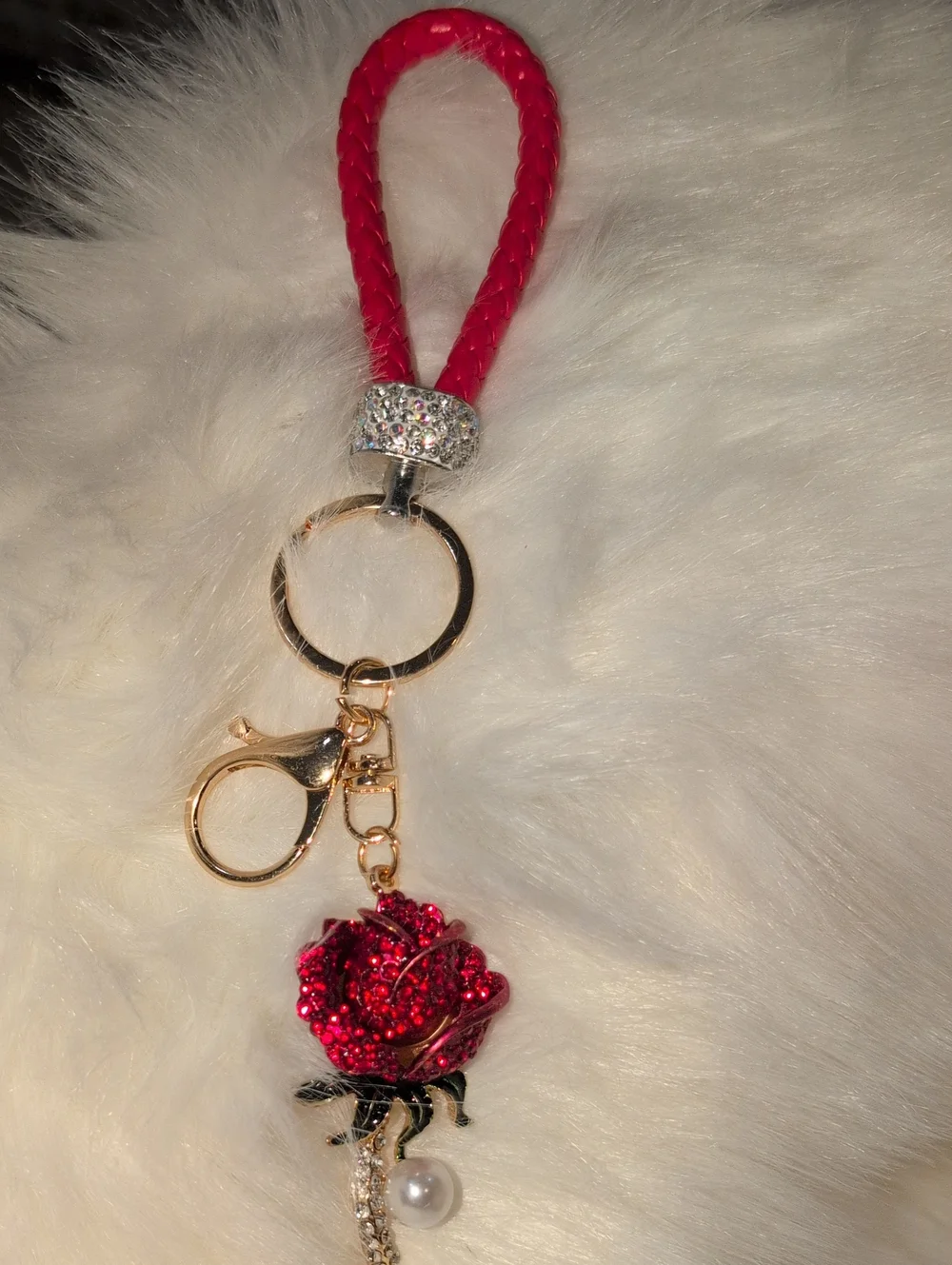 Red Long Stem Rose With A Pearl Acent  Keychain Bag Charm Wristlet